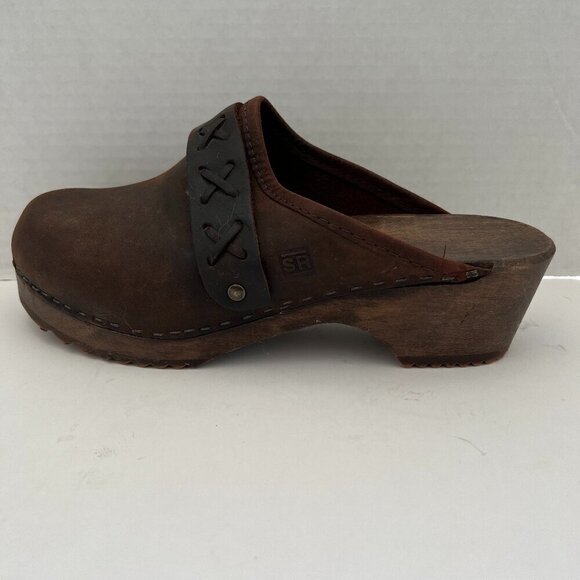 Danish Clogs Chocolate Brown Leather Wood Platform Slip On Mule Size 7 - Picture 1 of 15